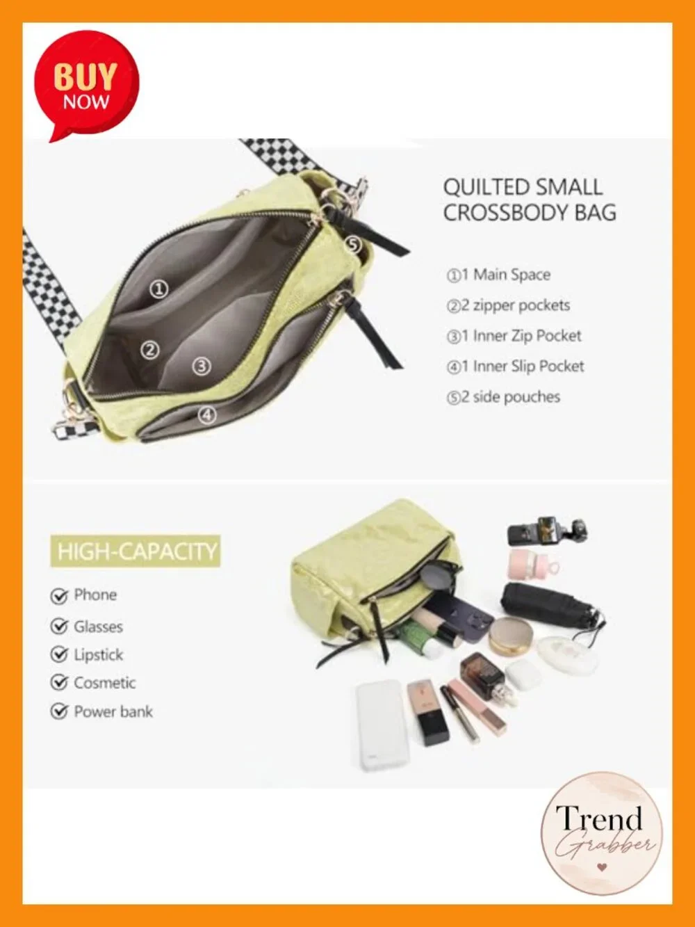 Small Nylon Quilted Crossbody Bag with Checkered Adjustable Strap